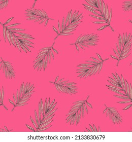 Palm leaves seamless pattern. Tropical branch in engraving style. Hand drawn texture for fabric, wallpaper, textile, print, wrapping paper. Vector illustration.