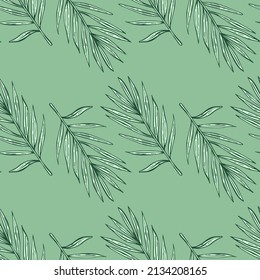 El patrón de las hojas de la palma es transparente. Rama tropical con estilo de grabado. Textura dibujada a mano para tela, papel pintado, textil, papel impreso, papel envolvente. Ilustración vectorial.