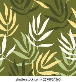 Palm leaves seamless pattern vector. Abstract flat branches floral illustration. Natural summer holiday backdrop. Wallpaper, background, fabric, textile, print, wrapping paper or package design.