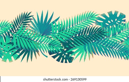 Palm leaves seamless stripe. Retro vector illustration