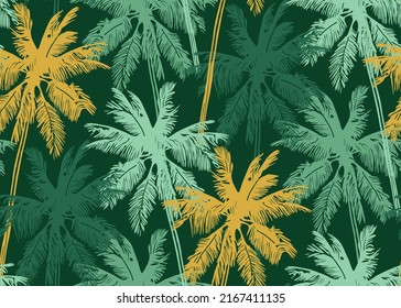 palm leaves. seamless stylish fashion floral pattern, green tropical palm leaves on a dark green background, Trendy summer Hawaii print, Stylish fashion pattern