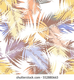 Palm leaves seamless vector coconut pattern. Pastel color overlay effect exotic plants monstera and leaf coco on a colorful palm leaves background.