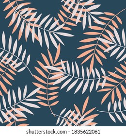 Palm leaves seamless vector pattern. Minimal floral background. Exotic tropical plant leaf print illustration. Summer jungle print. Leaves of palm tree on paint lines.