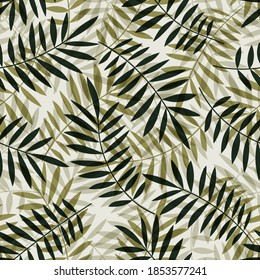 Palm leaves seamless vector pattern. Minimal floral background. Exotic tropical plant leaf print illustration. Summer jungle print. Leaves of palm tree on paint lines.