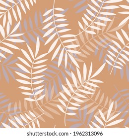 Palm leaves seamless vector pattern. Minimal floral background. Exotic tropical plant leaf print illustration. Summer jungle print. Leaves of palm tree on paint lines.