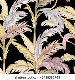 Palm leaves seamless vector pattern. Pastel tropical plants on black background