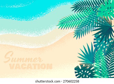 Palm leaves, seascape, tropical beach background. Retro vector illustration. Place for your text