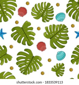 Palm leaves and shells seamless pattern. Vector illustration.