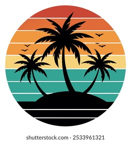 Palm Leaves Silhouette on Retro Vintage Background Vector Art Illustration T-shirt Design Art.