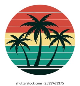 Palm Leaves Silhouette on Retro Vintage Background Vector Art Illustration T-shirt Design Art.