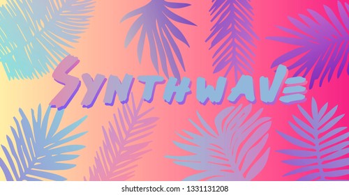 Palm Leaves silhouette. Vector futuristic synthwave/ retrowave style illustration in neon colors. Rave party Flyer design template in 1980s-1990s style, aesthetics of retrofuturism.