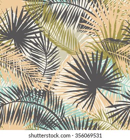 Palm leaves silhouettes background. Vector seamless pattern with tropical plants. Beige colors. 