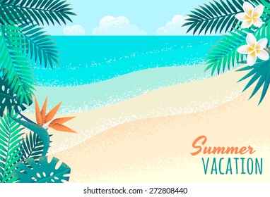 Palm leaves, sky and clouds, tropical beach, plumeria and strelitzia flowers, seascape background. Retro vector illustration. Place for your text