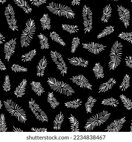 palm leaves, spruce branches, feathers. Hand drawing in ink, ink. Seamless pattern with leaves and branches