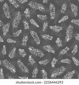 palm leaves, spruce branches, feathers. Hand drawing in ink, ink. Seamless pattern with leaves and branches