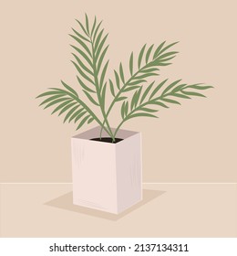 Palm leaves in a square stylish pot. A plant for decorating the interior of a home or office. Vector flat illustration