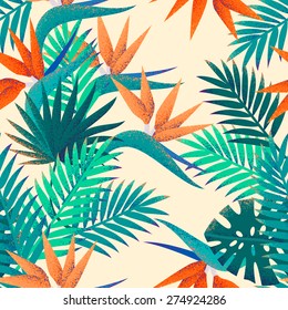 Palm leaves and strelitzia flowers seamless pattern. Tropical retro vector background