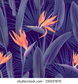 Palm leaves and Strelitzia Reginae flower known as crane flower, bird of paradise seamless pattern. South African flower and palm foliage background vector. Fabric, tropical leaves and blossom textile