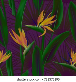 Palm leaves and Strelitzia Reginae flower known as crane flower, bird of paradise seamless pattern. South African flower and palm foliage background vector. Fabric, tropical leaves and blossom textile