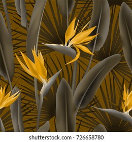 Palm leaves and Strelitzia Reginae flower known as crane flower, bird of paradise seamless pattern. South African flower and palm foliage background vector. Fabric, tropical leaves and blossom textile