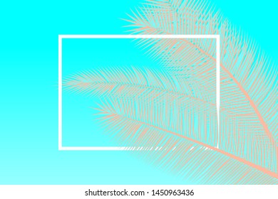 Palm leaves. Summer background. Coral, cyan colors. Vector illustration. Tropical palm leaves frame backdrop.