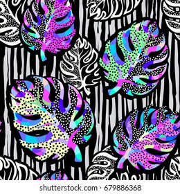 Palm leaves summer funky seamless pattern.80s 90s pop art memphis style.Hand drawn ink artistic trendy sport fashion background. Expressive ornament for textile,wrapping, decoration  