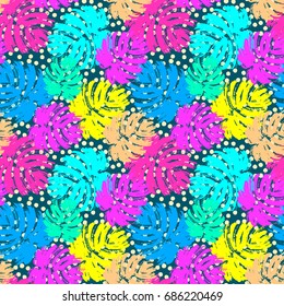 Palm leaves summer funky seamless pattern.80s 90s pop art memphis style.Hand drawn ink artistic trendy sport fashion background. Expressive ornament for textile,wrapping, decoration  