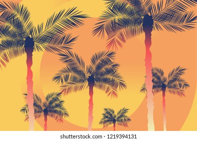 Palm leaves and trees on gradient background. Tropical abstract palm leaves pattern. Branches and leaves of tropical plants. Vector illustration.