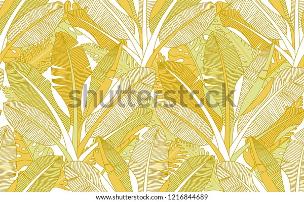 ヤシの葉 木の柄 バナナヤシの木の植え込みベクター画像シームレス壁紙 抽象的なエキゾチックな植物の背景 植物園のイラスト のベクター画像素材 ロイヤリティフリー