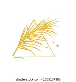 Palm leaves and triangular frame in gold color. Tropical floral illustration on white background. Vector illustration for logo, invitation, souvenir design.