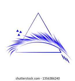 Palm leaves and triangular frame in neon blue color. Tropical floral illustration on white background. Vector illustration for logo, invitation, souvenir design.