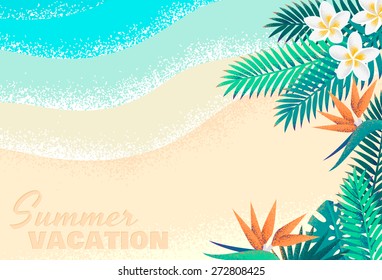 Palm leaves, tropical beach, plumeria and strelitzia flowers, seascape background. Retro vector illustration. Place for your text