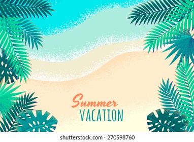 Palm leaves, tropical beach, seascape background. Retro vector illustration. Place for your text