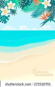 Palm leaves, tropical beach, sky and clouds, plumeria and strelitzia flowers, seascape background. Retro vector illustration. Place for your text