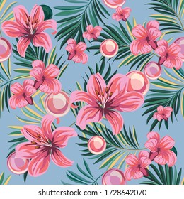 Palm leaves with tropical blooming flowers. Tropical seamless background pattern. Graphic design with amazing palms and flowers. Realistic palm leaves.