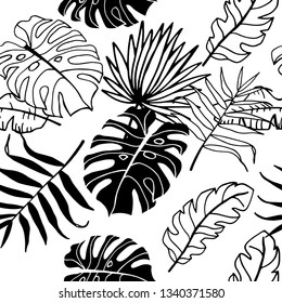 palm leaves tropical floral seamless pattern, hand drawn sketch