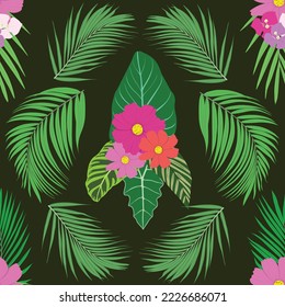 Hojas de palma y flores tropicales repiten el patrón en el fondo verde oscuro