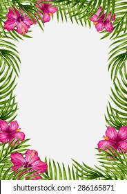 Palm leaves and tropical flowers background. Tropical greeting card.