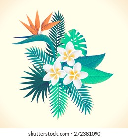 Palm leaves and tropical flowers retro design element