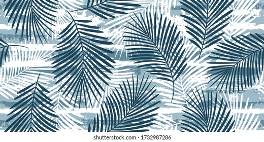 Palm leaves tropical pattern, Summer seamless vector floral background. Exotic plant on blue stripes, jungle print. Leaves of palm tree on paint lines.