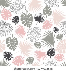 palm leaves tropical seamless background, leafy summer kids and nursery fabric textile print