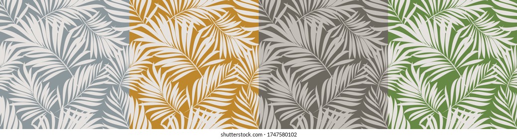 Palm leaves. Tropical seamless background pattern. Graphic design with amazing palm trees suitable for fabrics, packaging, covers. Set of vector posters.