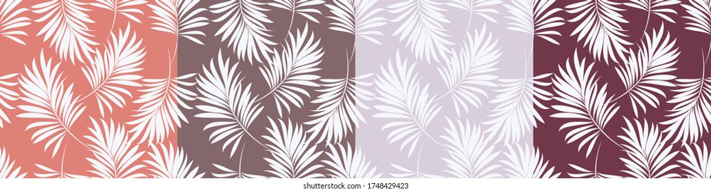 Palm leaves. Tropical seamless background pattern. Graphic design with amazing palm trees suitable for fabrics, packaging, covers. Set of vector posters.