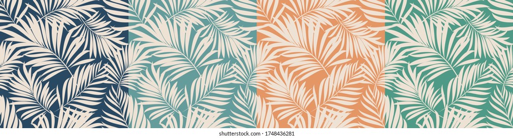Palm leaves. Tropical seamless background pattern. Graphic design with amazing palm trees suitable for fabrics, packaging, covers. Set of vector posters. svg