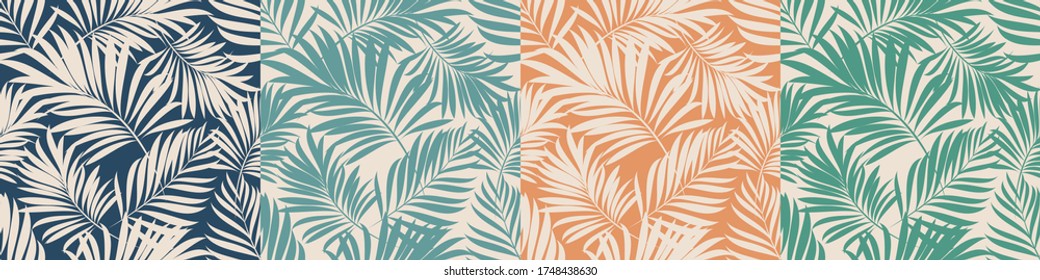 Palm leaves. Tropical seamless background pattern. Graphic design with amazing palm trees suitable for fabrics, packaging, covers. Set of vector posters.