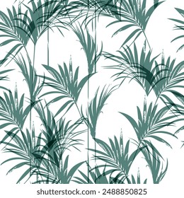 Palm leaves. Tropical seamless background pattern. Graphic design with amazing palm trees suitable for fabrics, packaging, covers. Set of vector posters. Green