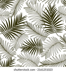 Palm leaves. Tropical seamless pattern.  Suitable for fabrics, packaging and covers. White background. Vector design.