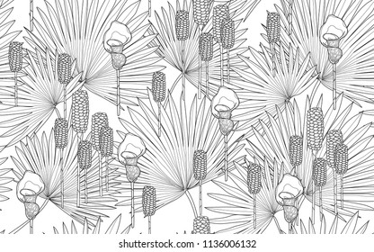 Palm leaves and tumeric exotic flowers composition. Vector illustration. Botanical seamless wallpaper. Digital nature art. Cartoon style sketch. White background.