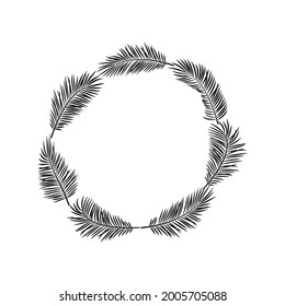 Palm leaves  vector border, wreath exotic branch plant round frame isolated on white background, black silhouettes coconut and banana jungle. Tropical hand drawn illustration