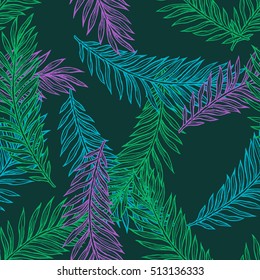Palm leaves. Vector floral seamless pattern. Hand drawn tropical illustration palm branches on dark background.
